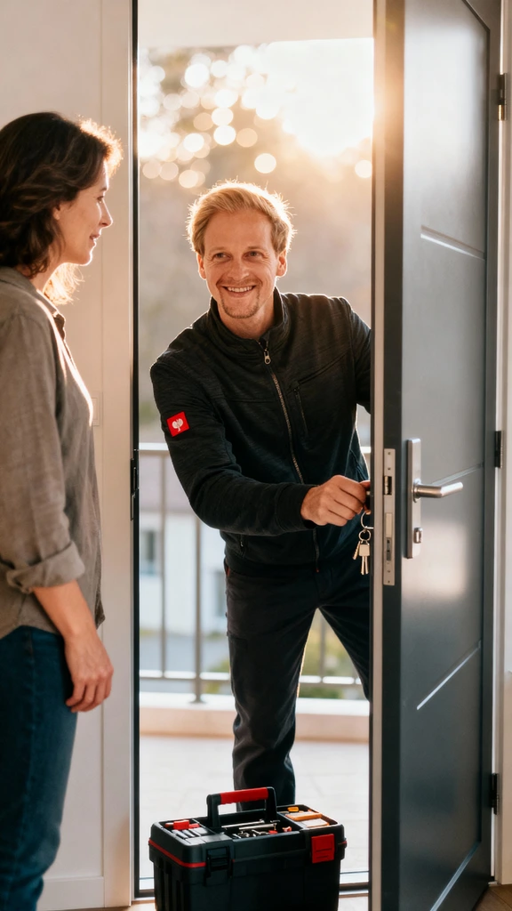 Monteur öffnet behutsam eine Wohnungstür